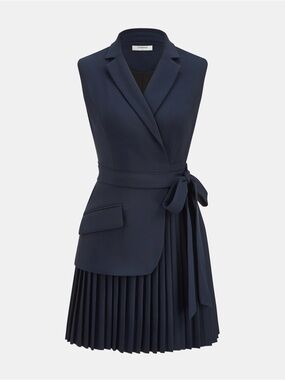 Commense Navy Belted Pleated Sleeveless Blazer Dress - Large